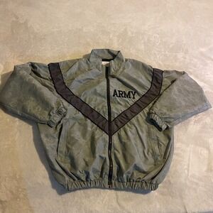 US Army IPFU Jacket Mens Large Long Windbreaker Athletic Full Zip Gray Nylon